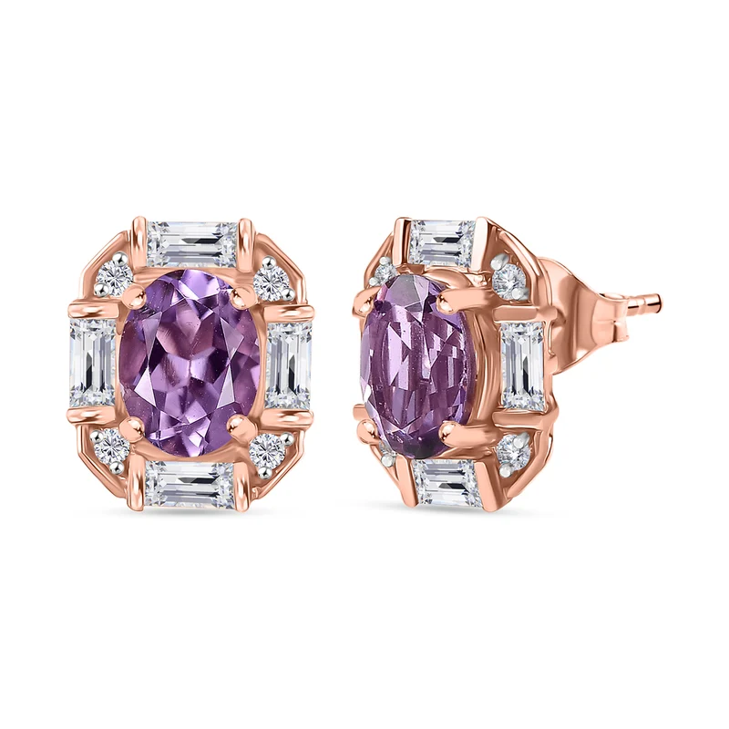 Zeitlose Art Kollektion - AA Rose De France Amethyst, Weißer Zirkon Ohrringe 925 Silber 750 rosévergoldet ca. 3.46 ct