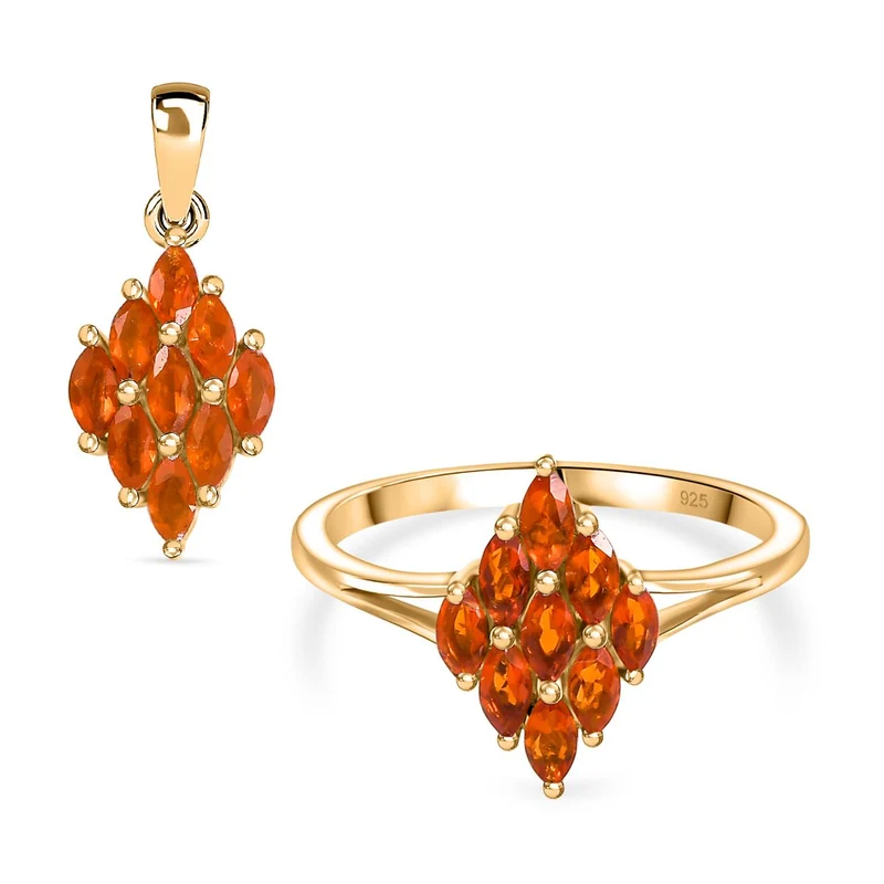2er Set - Blaze Feueropal Anhänger und Ring, Größe (16.00), 925 Silber 750 Gelbgold Vermeil ca. 1.16 ct