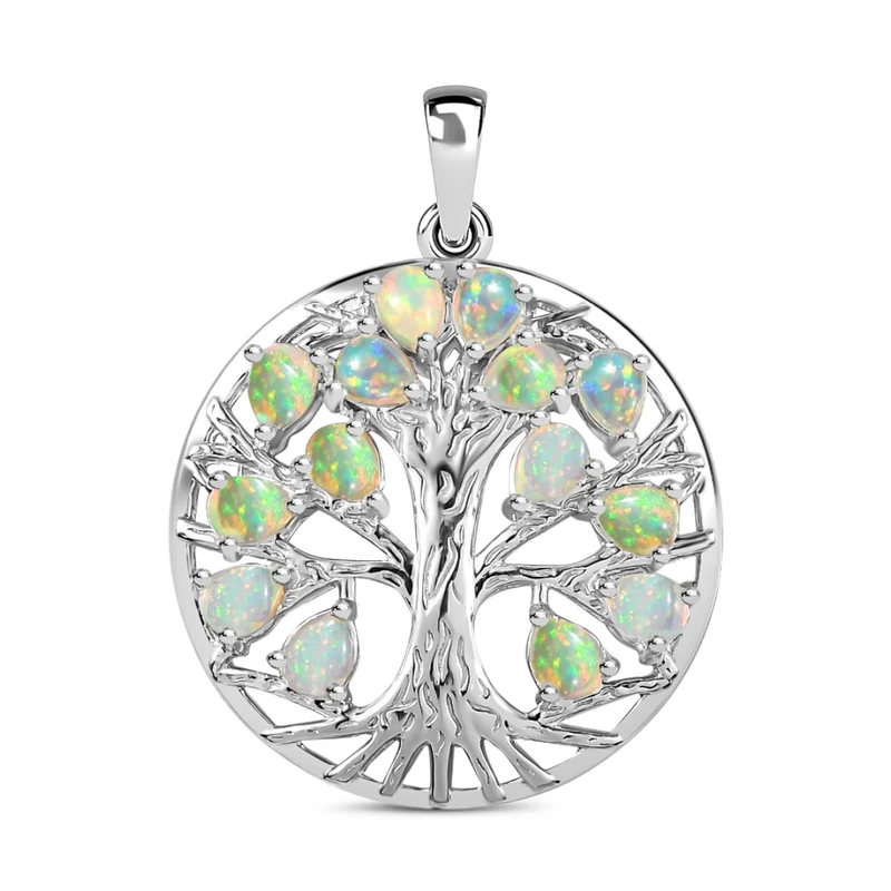 Natürlicher, äthiopischer Opal Lebensbaum-Anhänger, 925 Silber Gelbgold Vermeil ca. 1.46 ct