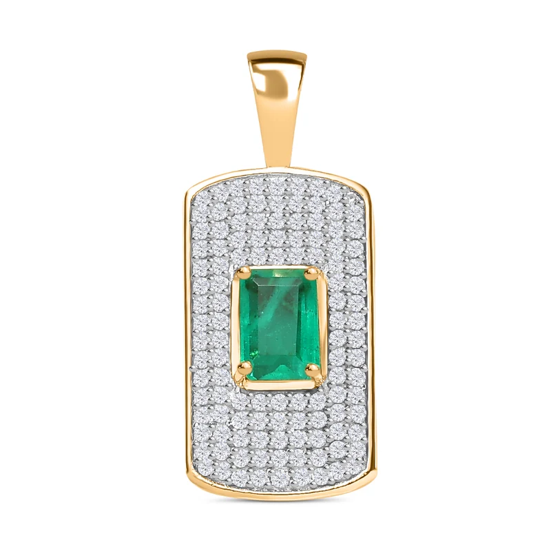 Smaragd-Quarz Triplette, Weißer Zirkon Anhänger 925 Silber Gelbgold Vermeil ca. 2.30 ct