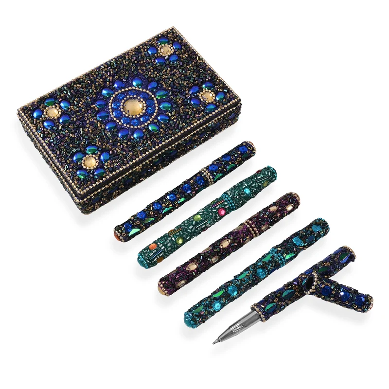 "Beaded Box + 5 beaded pen set of 6 - 10x15 cm box - 8.5X13X3 Cm pen - 12 cms color - multi "