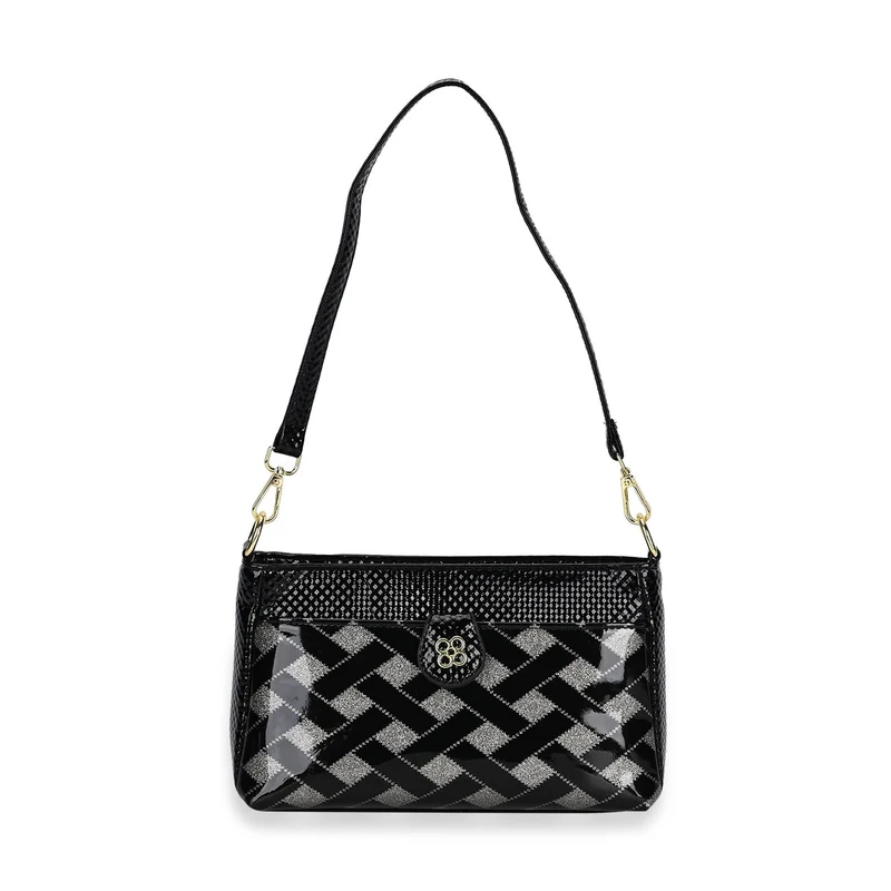 Stylische Sling-Umhängetasche mit schwarzem Karo-Design, vielseitigem Gurt und praktischen Fächern, 26x10x15 cm, Schwarz