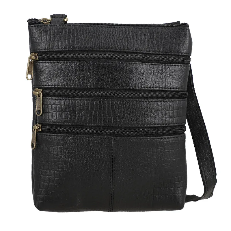 CLOSE OUT - Echtleder Crossbody Tasche mit Kroko Prägung, Multi-Fächer, 20 x 24 cm, Taupe