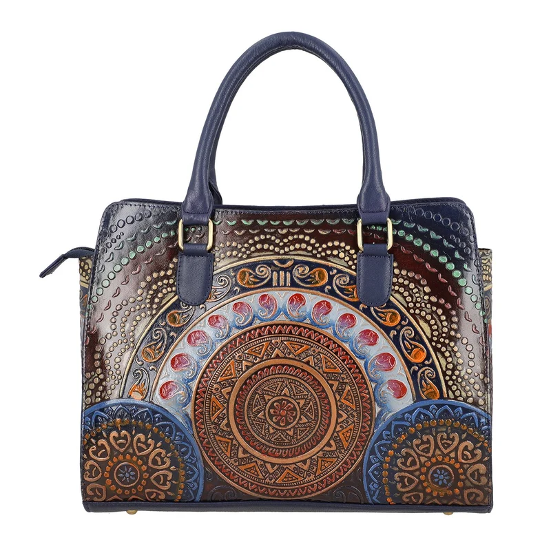 Handbemalte Satchel-Tasche aus 100% Echtleder mit kunstvoller Prägung und Mandala-Design, 31 x 10 x 23cm, Grün