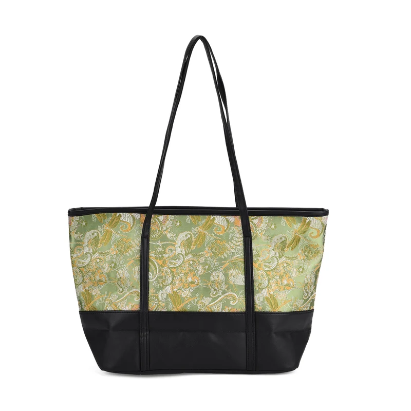 Libellenmuster-Tote-Bag, große Kapazität, mit Reißverschluss und Innentasche, 48x29x14 cm, Polyester mit PU-Leder, Gelb
