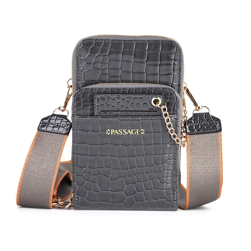 Passage - Crossbody-Tasche aus PU-Lackleder mit Krokoprägung, mehreren Fächern mit RFID-Schutz und gewebtem, verstellbarem Riemen, 18 x 7 x 11 cm, Himmelblau
