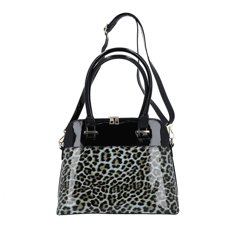 Schultertasche mit Leopardenmuster, Größe 32x25x13 cm, Grau und Schwarz