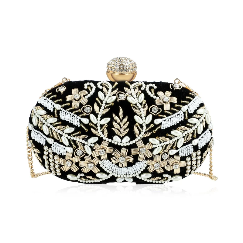 Clutch Baumwolle, handbestickt, 20 x 12.5 cm, Navy