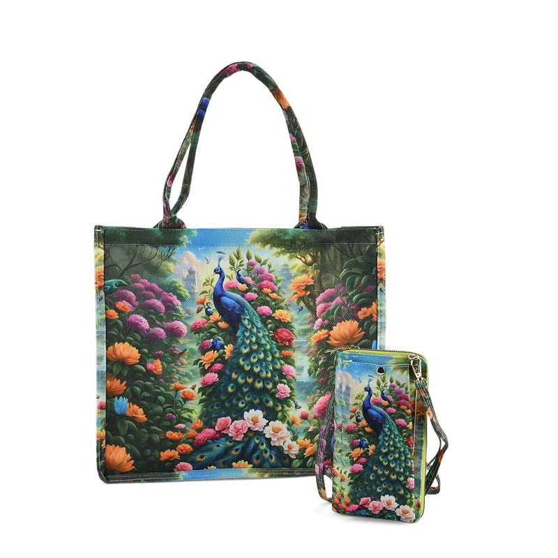 Pfau Muster Design Set, Shopper und Handy Umhängetasche, 40 x 12 x 35 cm, Mehrfarbig