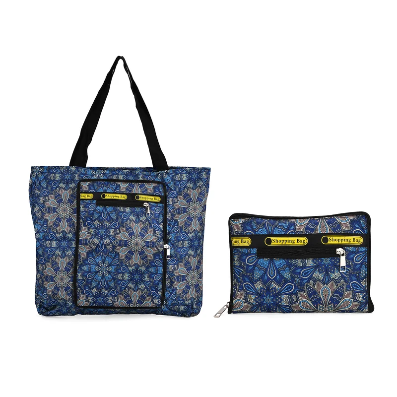 Faltbare Einkaufstasche mit Blumenmuster, aus wasserabweisendem Polyester, mit Innen- und Außentasche, 40x43 cm, Tragegriffe ca. 22 cm, Pink