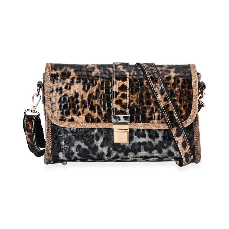 Chaos by Elsie, echtes Leder Crossbody Tasche mit RFID Schutz, Kaffee Leoparden Muster, Größe 31 x 11 x 38cm