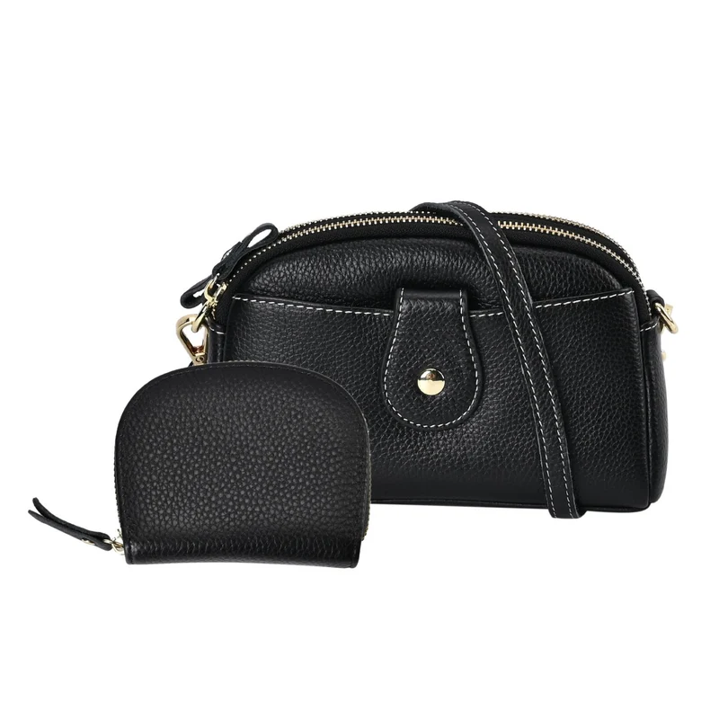 Duo Set - Echtleder Umhängetasche mit RFID-Sicherheits-Kartenetui, 19 x 5,5 x 12 cm, Burgunderrot