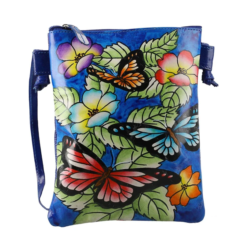 VIVID by SUKRITI Handbemalte Echtleder Umhängetasche, schwarz,15.75x19.80cm, Blumenmuster