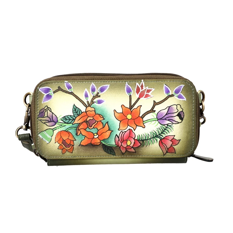 SUKRITI - RFID-geschütztes 100% Echtleder handgemaltes Crossbody-Tasche, 20x9 cm, gelb grün