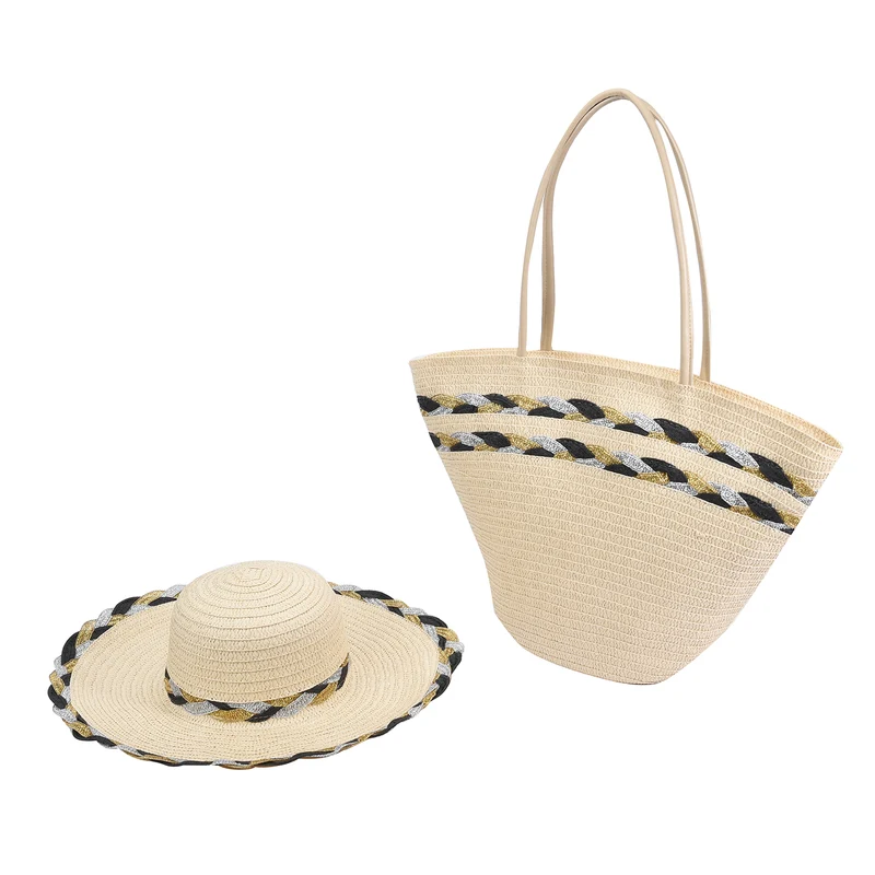 2er-Set 100% Strohpapier Handtasche mit passendem Hut, Größe 46x30x14 cm