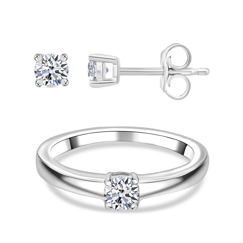 Luxuriant Diamond Duo: Labor Diamant Ring & Ohrringe in rhodiniertem Silber