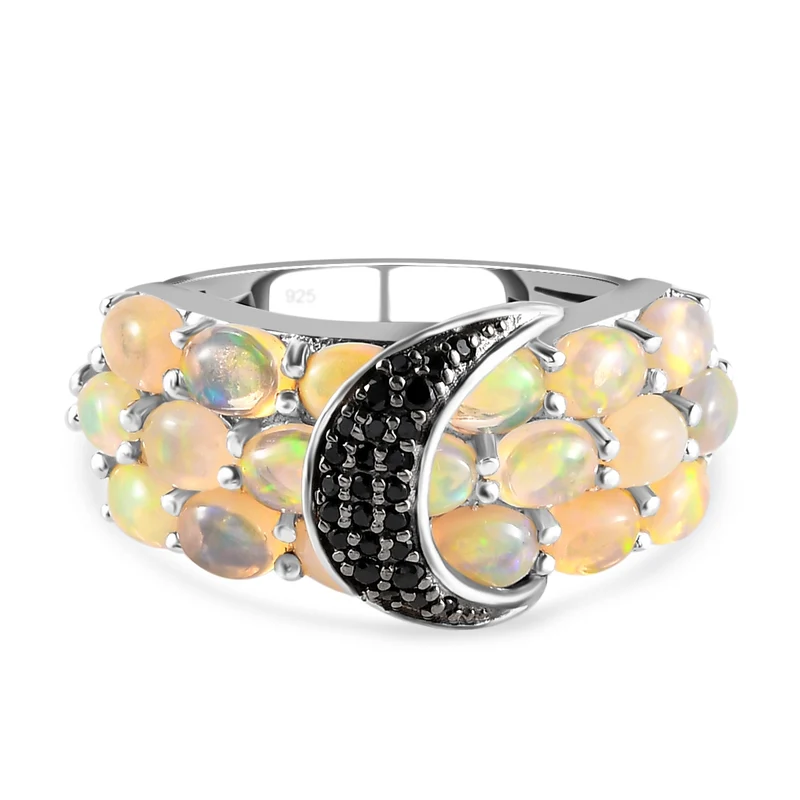 Natürlicher Äthiopischer Opal und schwarzer Spinell Ring 925 Silber platiniert