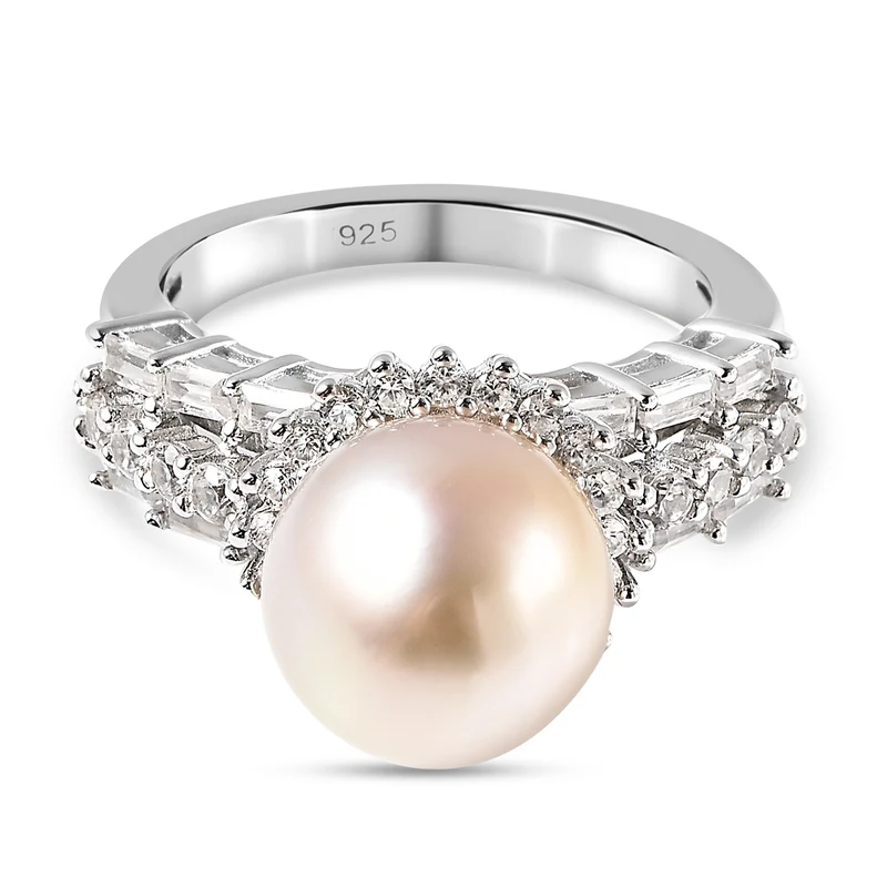 Goldene Südsee Perle (10-11 mm) und Zirkon Ring 925 Silber rhodiniert
