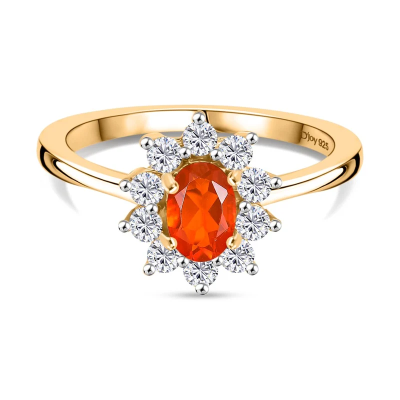 D'Joy AAA Blaze Feueropal, Weißer Zirkon Ring 925 Silber 750 Gelb Vergoldet ca. 0,83 ct