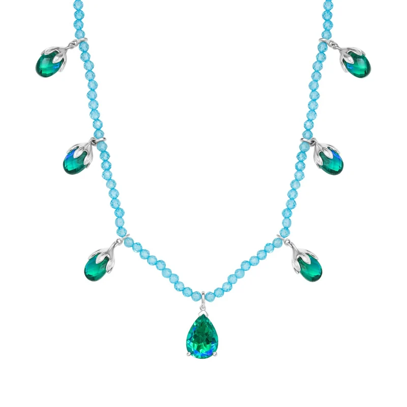 Pfau Quarz Triplette und Blauer Apatit Halskette ca. 45 cm 925 Silber rhodiniert ca. 52,66 ct.