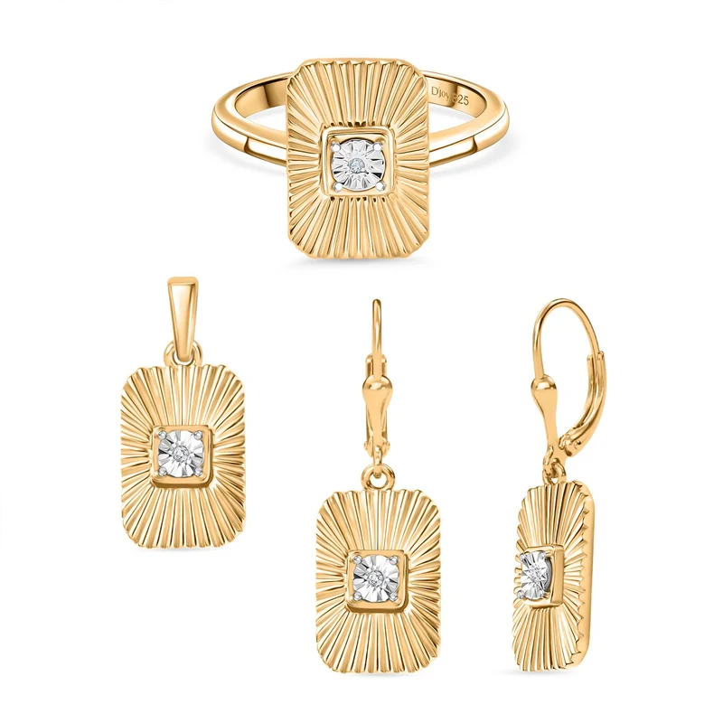 3er Set - D'Joy Weißer Diamant Ohrringe, Ring und Anhänger 925 Silber Gelbes Gold