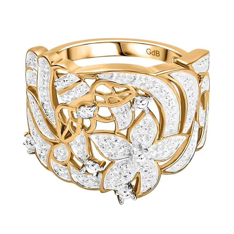 Breiter Blumenring mit Weißer Diamant-Pavé Diamant Ring, Goldton