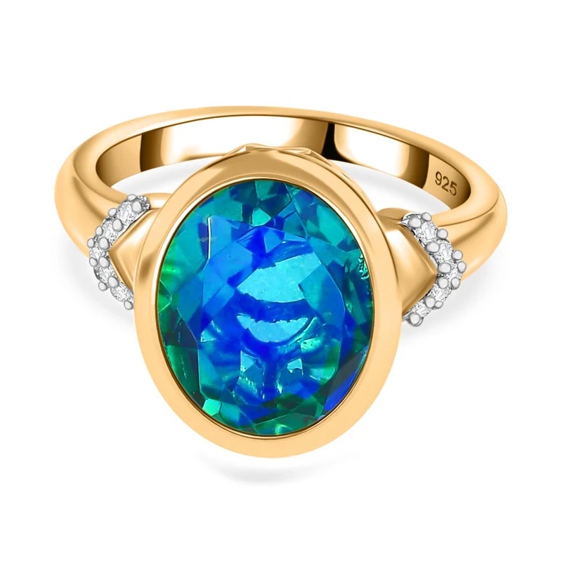Pfau Quarz Triplette, Weißer Zirkon Ring 925 Silber 750 Gelbgold Vermeil ca. 5,41 ct