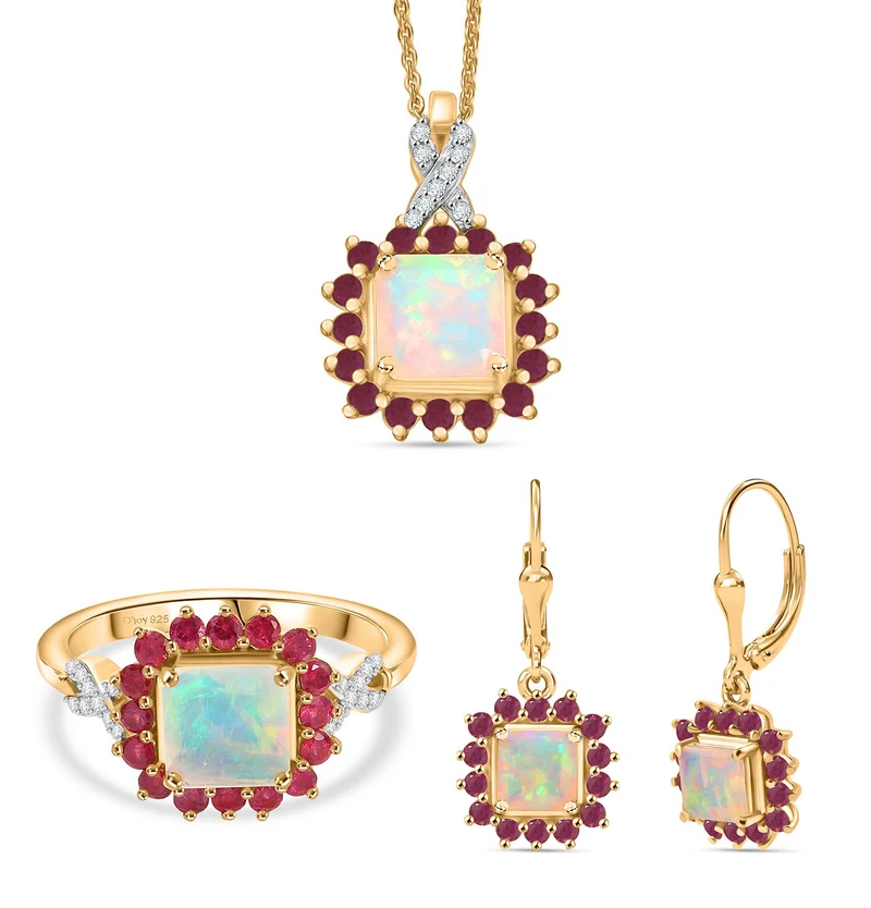 D'Joy äthiopisches Welo Opal, Niassa Rubin und Moissanit Schmuckset