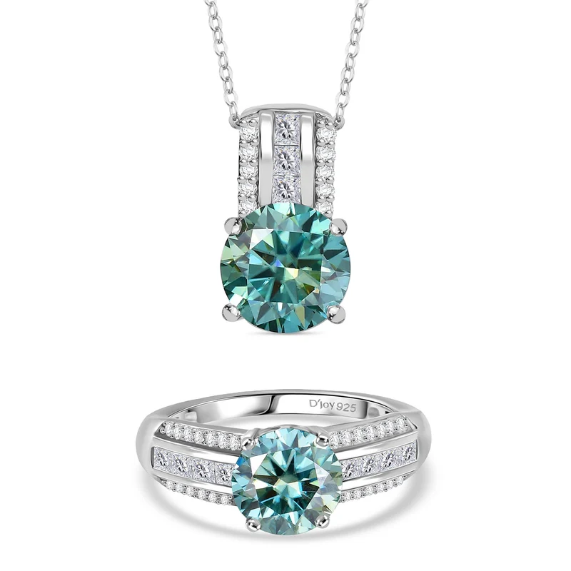D'Joy blauer und weißer Moissanit Ring und Anhänger mit Kette