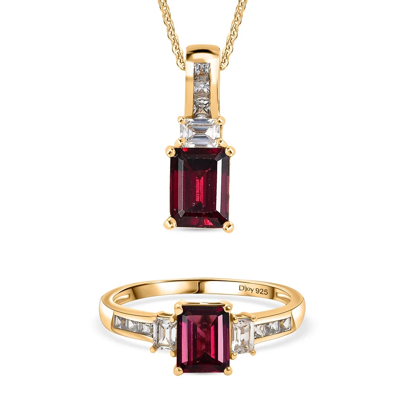 D'Joy Rhodolith Granat und Zirkon Ring und Anhänger mit 50cm Kette
