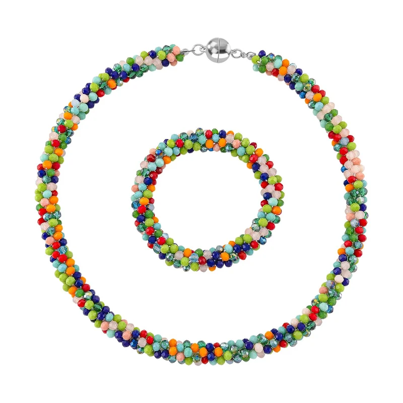 2er Set - Mehrfarbiger Kristall Halskette und Armband, flexibel