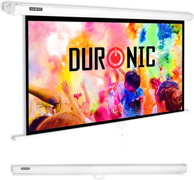 Duronic MPS100 16:9 WE Beamer Leinwand | 100 Zoll Projektor Leinwand | 16:9 Heimkino | Gain +1 Rolloleinwand für Wand oder Deckenmontage | 4K UHD, 3D, Full HD 1080p | Kompakte Projektionsleinwand Weiß