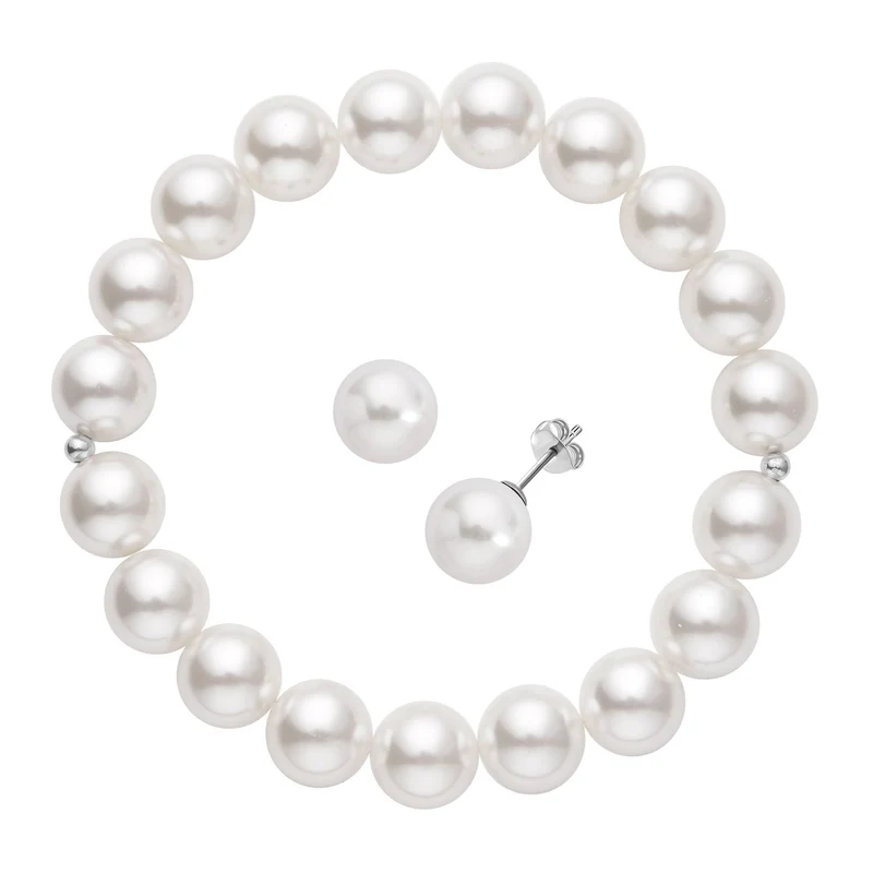 Goldenes Muschelkernperlen-Armband und Ohrringe, 925 Silber rhodiniert