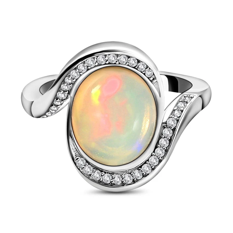 Natürlicher, äthiopischer Welo Opal und weißer Zirkon-Ring, 925 Silber platiniert ca. 2.22 ct