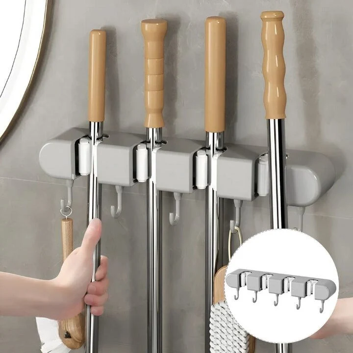 Wandhalterung für Besen & Mopps ohne Bohren | GripMaster hält Stiele bis 2,8 cm sicher | Schlank, ABS, Grau/Weiß