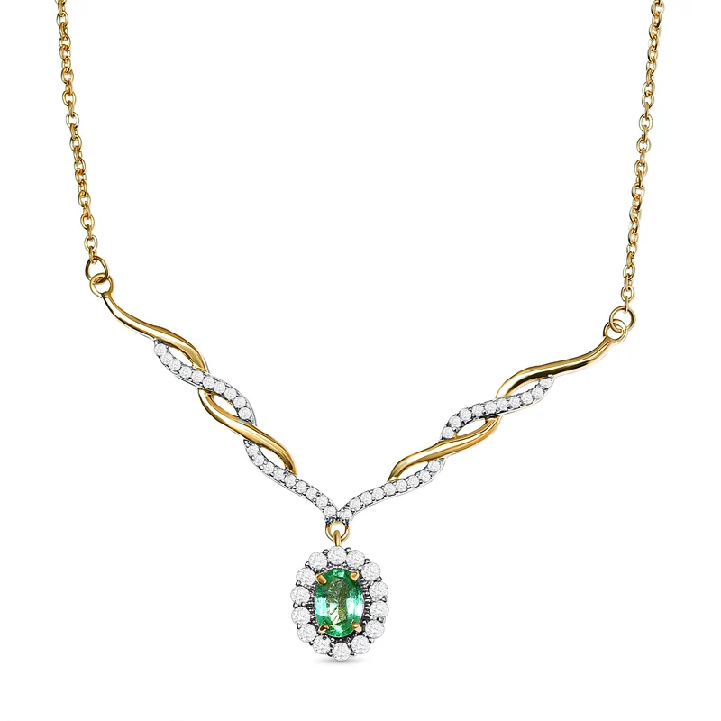 AA äthiopisches Smaragd und weißes Zirkon Collier, ca. 45 cm, 925 Silber Gelbgold Vermeil ca. 1.48 ct