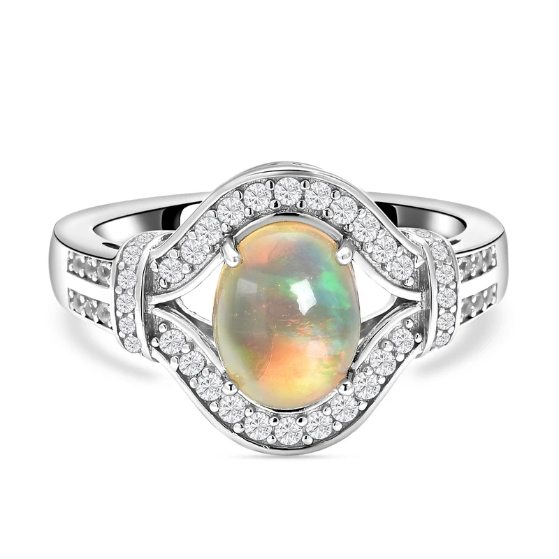 Natürlicher, äthiopischer Opal und weißer Zirkon-Ring, 925 Silber rhodiniert ca. 1.69 ct
