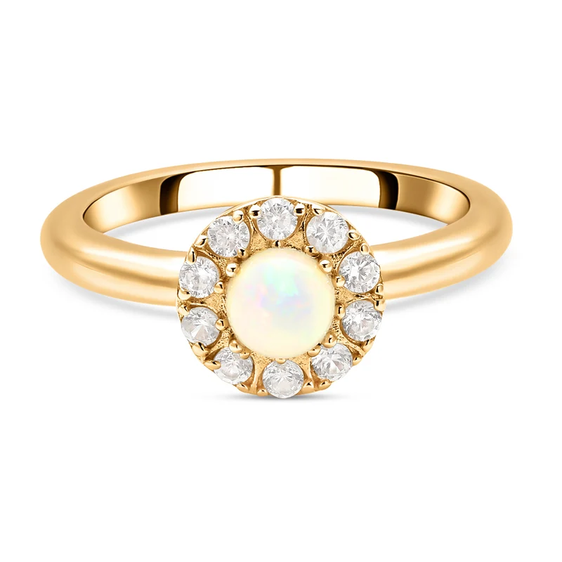 Natürlicher, äthiopischer Opal und weißer Zirkon-Ring, 925 Silber Gelbgold Vermeil ca. 0,87 ct