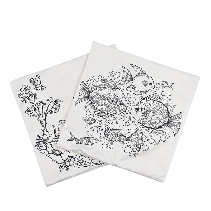 2er-Set, DIY Kissenbezug zum Bemalen mit 8 Textilfarb-Stiften, Größe 45x45 cm, Weiß, Fische