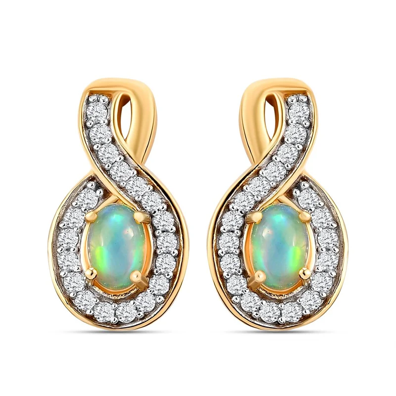 Natürlicher Äthiopischer Opal, Weißer Zirkon Ohrringe 925 Silber vergoldet ca. 1,38 ct