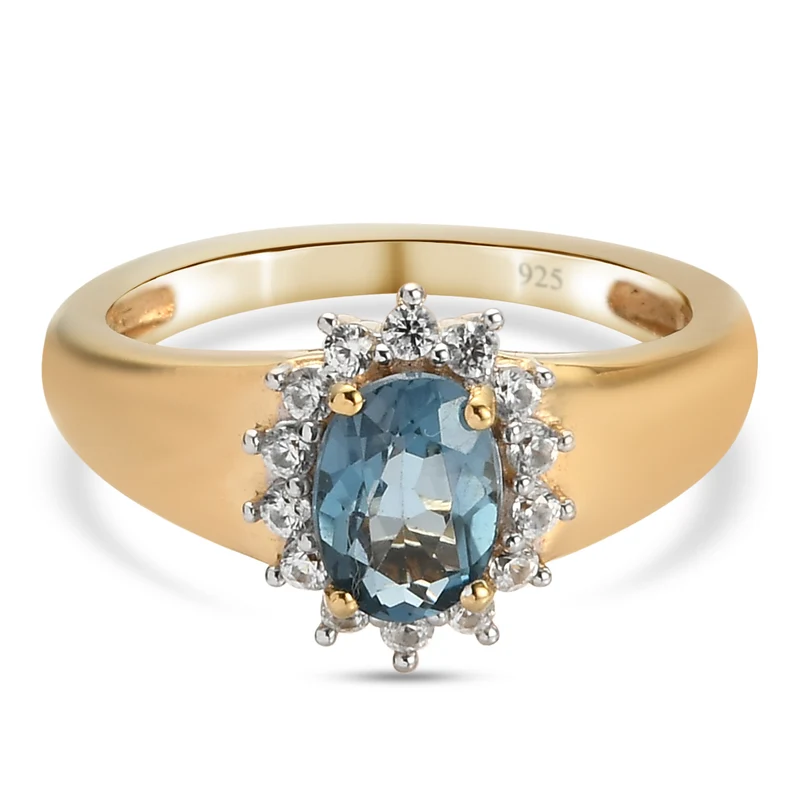 London Blau Topas und Zirkon Halo Ring 925 Silber vergoldet ca. 1,24 ct