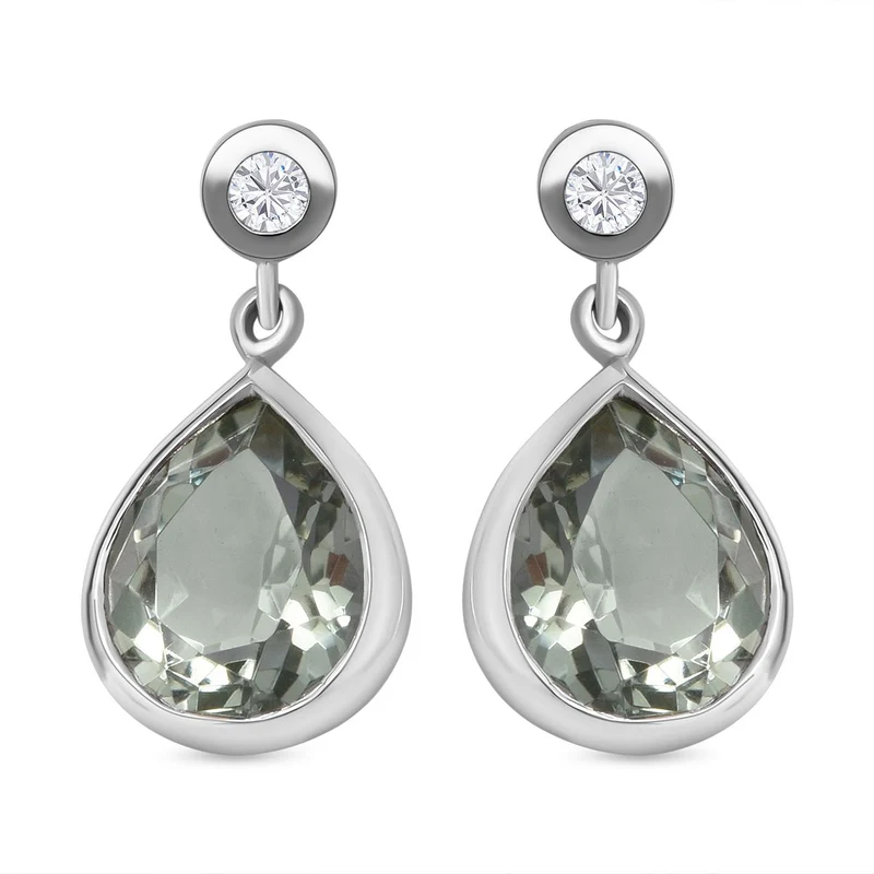 Prasiolith und weiße Zirkon-Ohrringe, 925 Silber platiniert ca. 9,26 ct