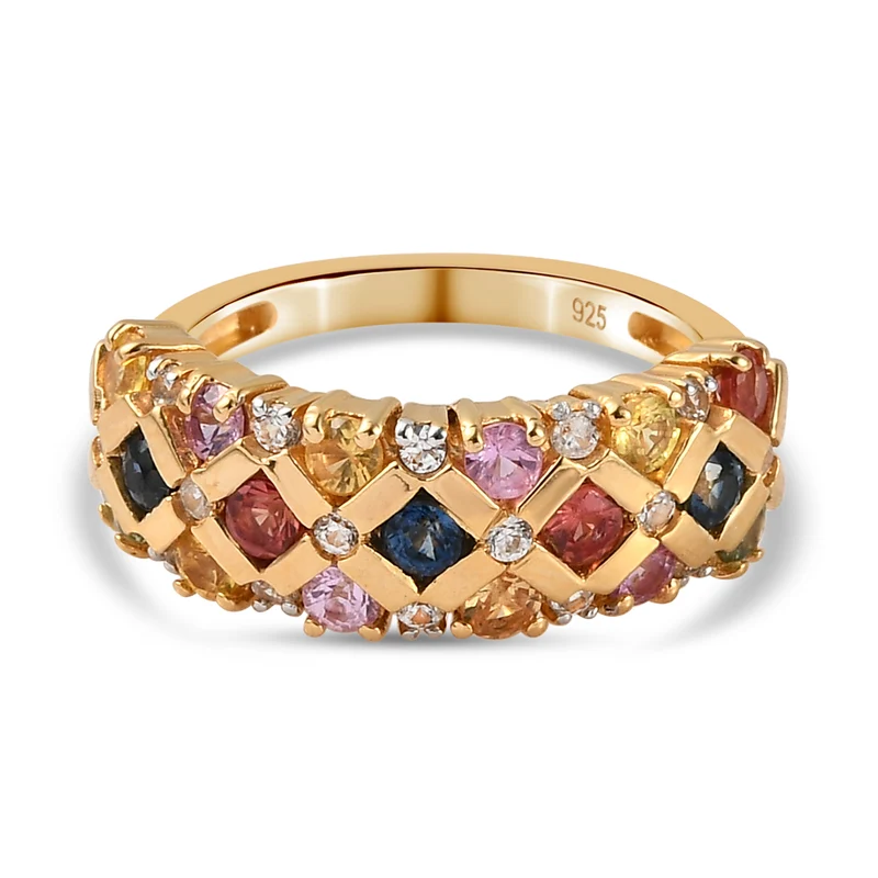 Mehrfarbiger Saphir und Zirkon-Ring, 925 Silber Gelbgold Vermeil ca. 1,82 ct