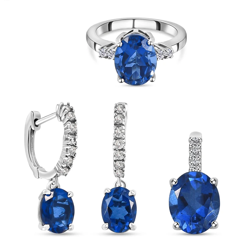 3er-Set Ceylon Farbe Quarz und Zirkon-Ring, Creolen und Anhänger, 925 Silber platiniert ca. 9,06 ct