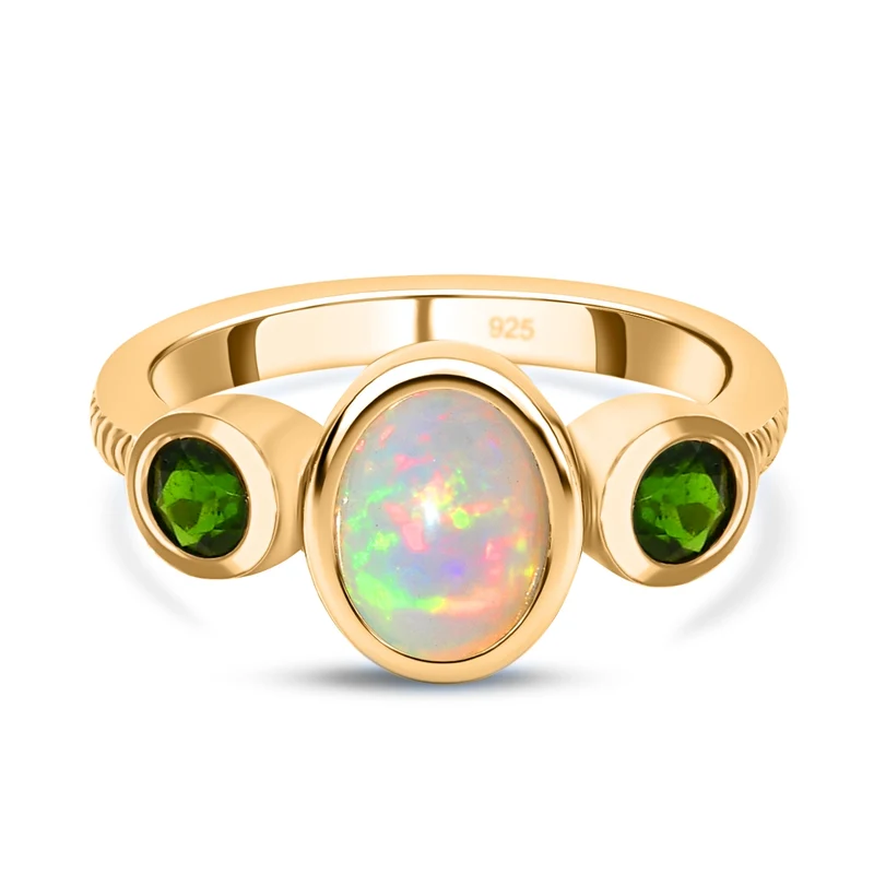 Natürlicher, äthiopischer Opal und Chromdiopsid-Ring, 925 Silber vergoldet ca. 1.38 ct