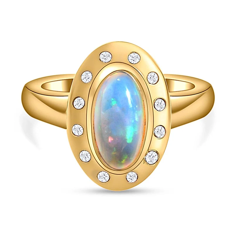 Natürlicher, äthiopischer Opal und weißer Zirkon-Ring, 925 Silber vergoldet ca. 1,17 ct