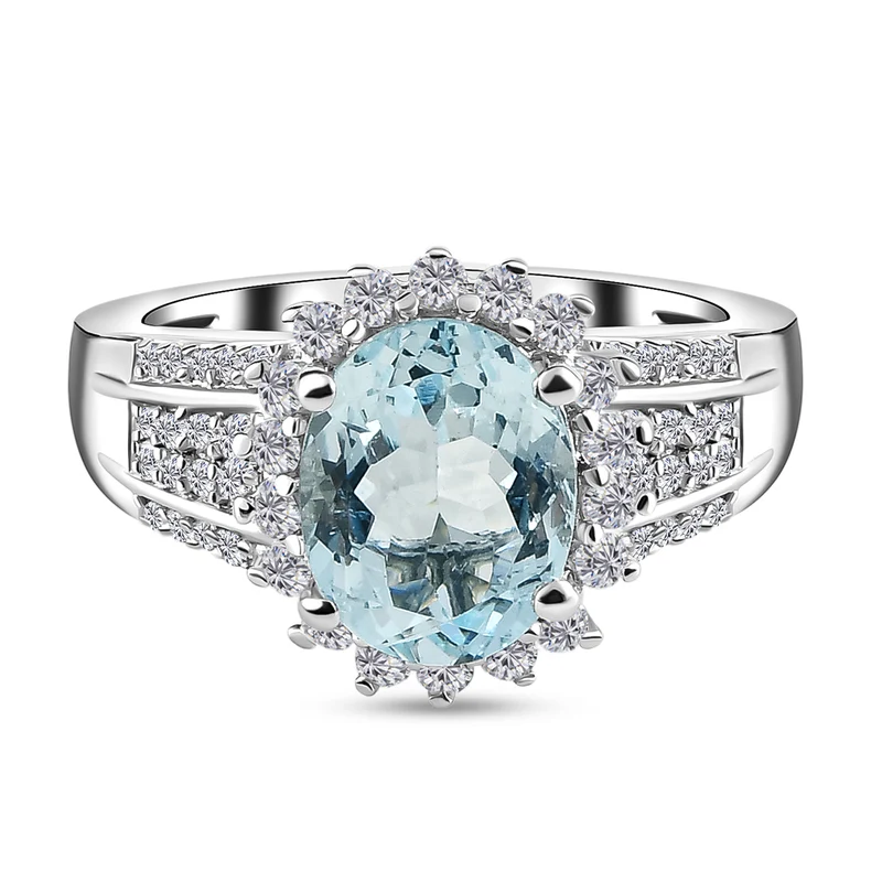 Espirito Santo Aquamarin und weißer Zirkon-Ring, 925 Silber platiniert ca. 2.15 ct