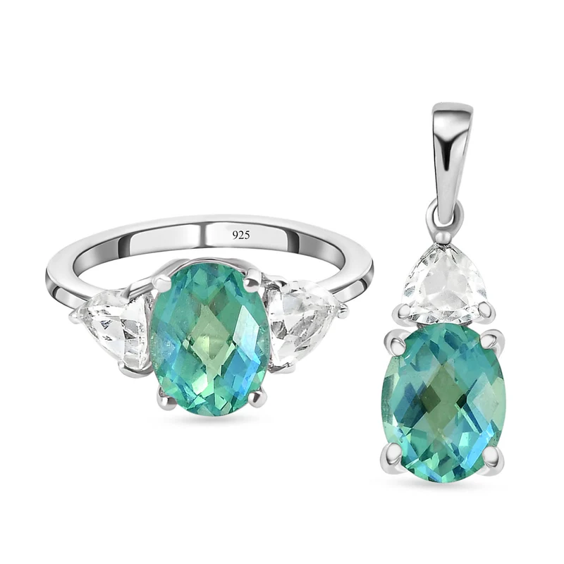 Pfau Triplett Quarz-Ring und Anhänger, 925 Silber platiniert ca. 5,54 ct