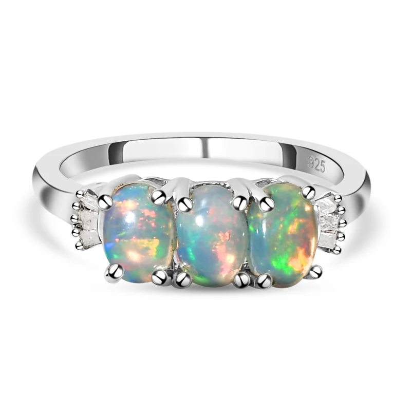 Natürlicher, äthiopischer Opal und weißer Diamant-Ring, 925 Silber platiniert ca. 1,07 ct