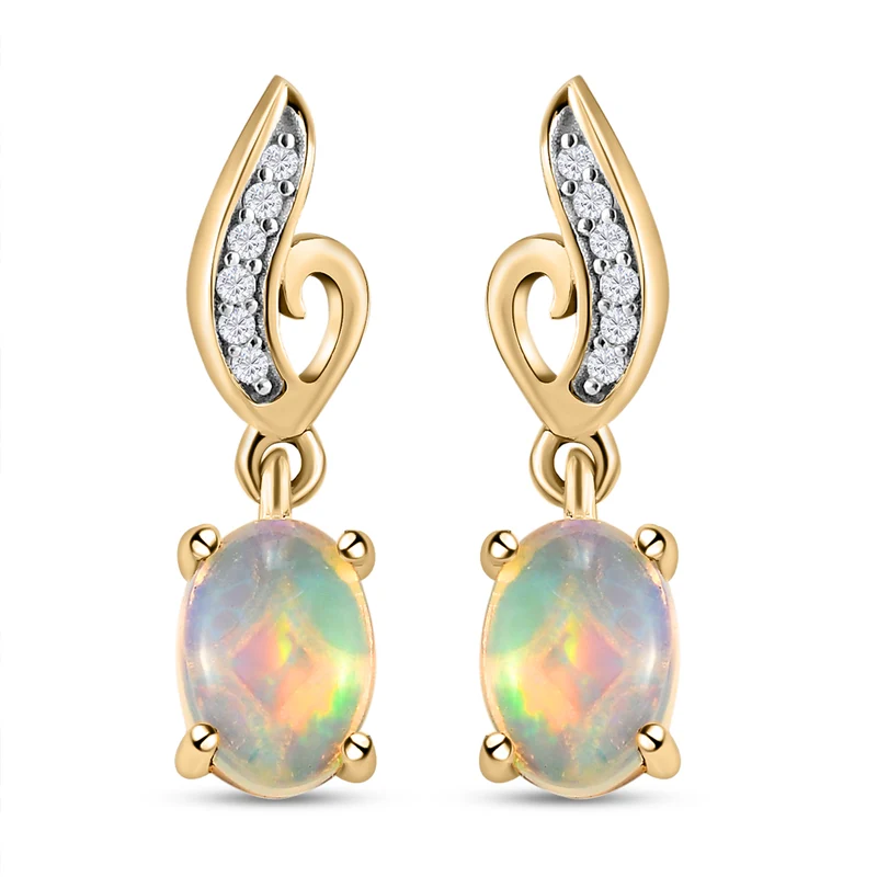 Natürliche, äthiopische Opal und weiße Zirkon-Ohrringe, 925 Silber vergoldet ca. 1,34 ct